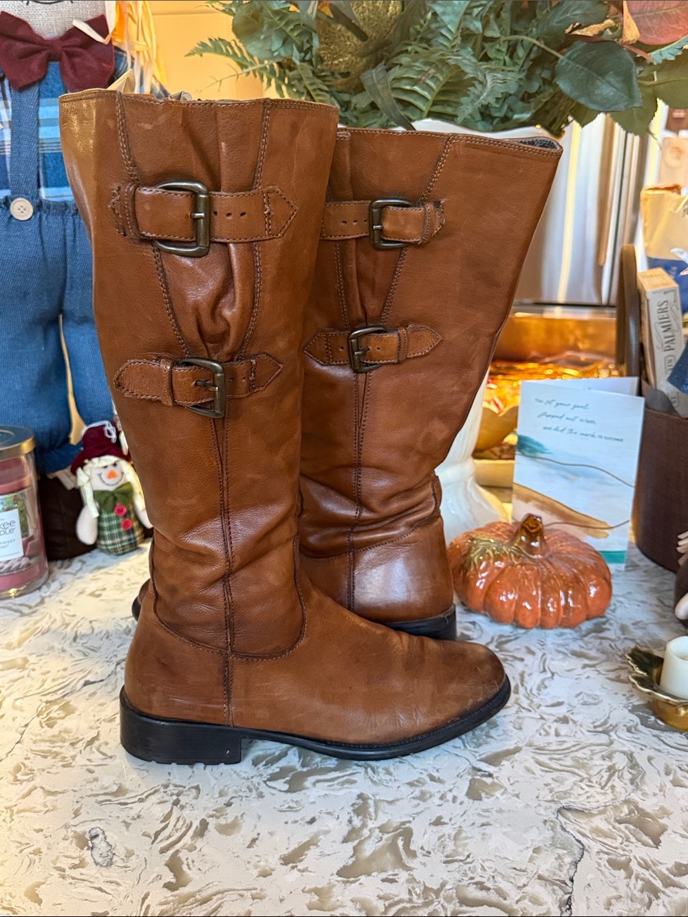 🍁Clarks Cognac Leather Mid-Calf Riding Boots with Buckle Straps